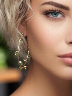 NEW Boho Glam 18K Gold Plated Green Crystal Twisted Hoop Earrings